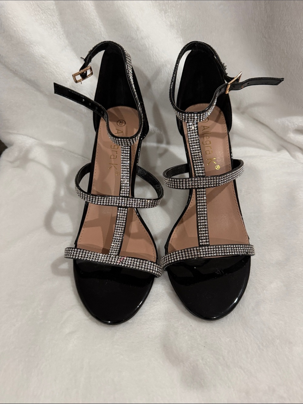 Allegra K Black Rhinestone T-Strap Heeled Sandals